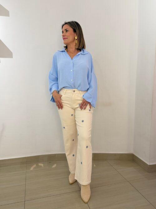 Vaquero Wideleg Crudo Bordados Flor