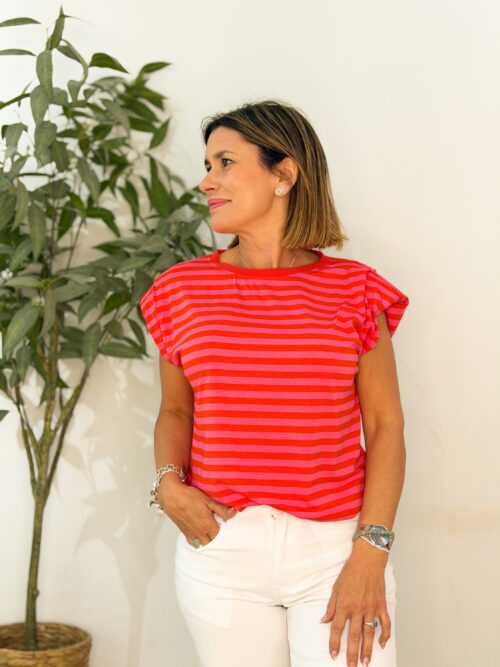 Camiseta Hombreras Rayas Rosa Rojo